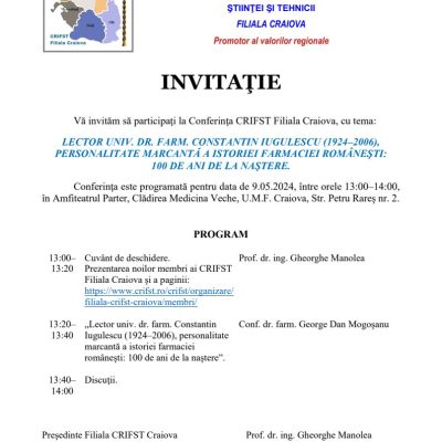 Lector univ. Dr. Farm. Constantin Iugulescu (1924–2006), personalitate marcantă a istoriei farmaciei românești: 100 de ani de la naștere