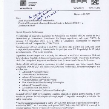 Congresul Internaţional de Ingineria Autovehiculelor şi Transporturilor - CONAT 2024 - Apel la contribuții